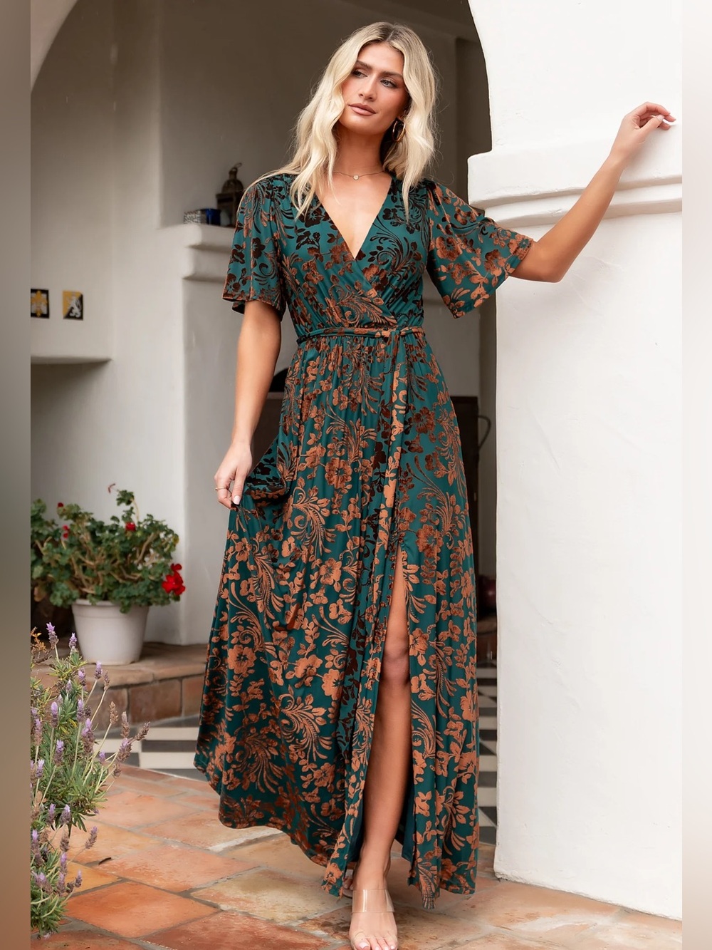 Baltic Born Uma Velvet Maxi Dress in Bronze and Jade - Size Small